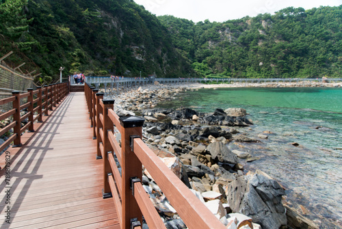 View of the wooden footpath at the seaside photo