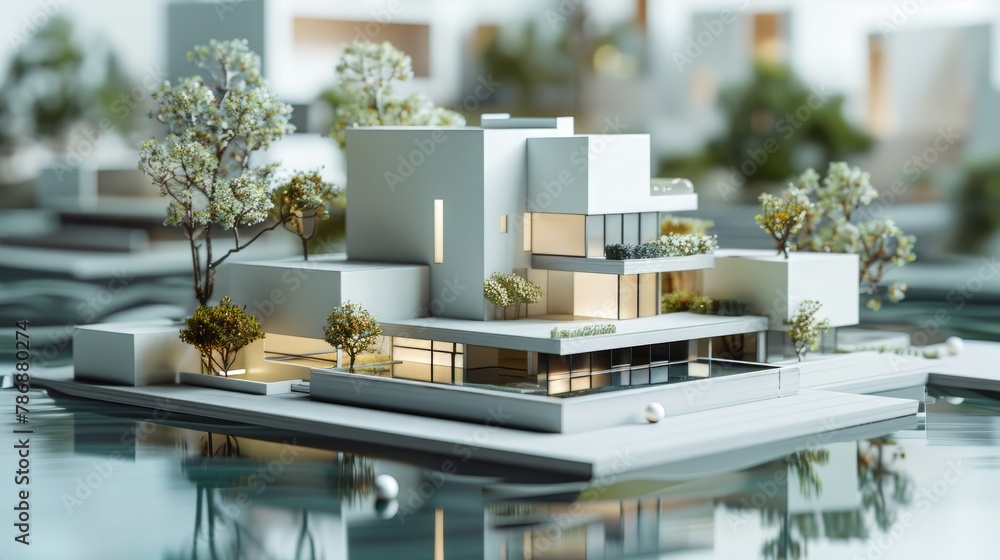 A ing of a modern house with a pool made of white concrete and glass surrounded by trees. A ing of a modern house with a pool made of white concrete and glass surrounded by trees.