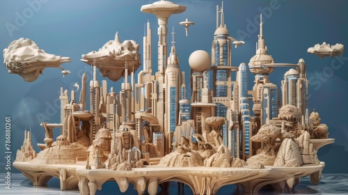 A 3D rendering of a futuristic cityscape made of wood. photo
