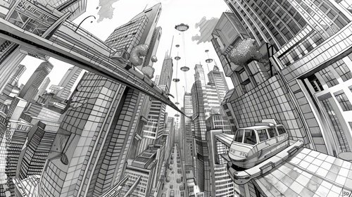 A black and white drawing of a futuristic city with skyscrapers  flying cars  and a train passing through the middle.