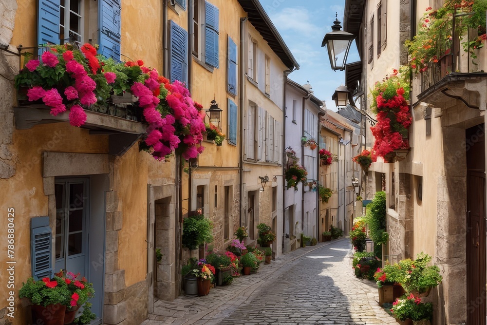 charming village square in a Bavarian town, with timber-framed buildings,