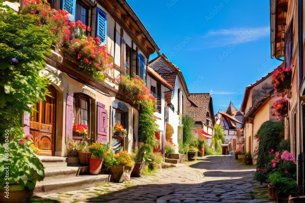 Fototapeta premium charming village square in a Bavarian town, with timber-framed buildings,