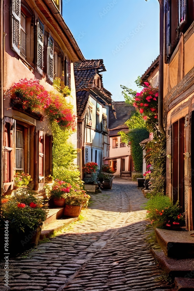 charming village square in a Bavarian town, with timber-framed buildings,