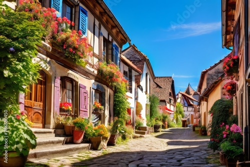 charming village square in a Bavarian town  with timber-framed buildings 