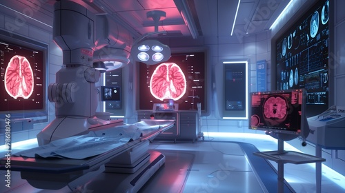 A state-of-the-art operating room with a high-definition X-ray scan on display