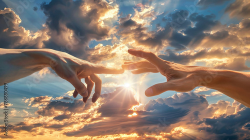 Two hands from different people reaching towards each other in the sky