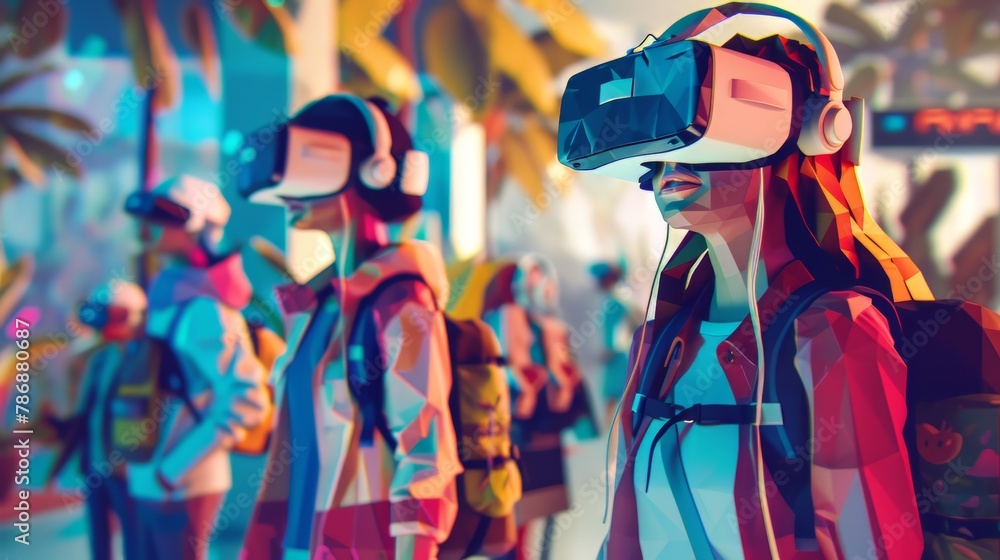 A group of people wearing VR headsets are walking through a city. A group of people wearing VR headsets are walking through a city.