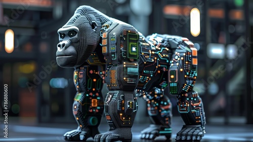 A gorilla made of metal and wires stands in the middle of a city street.
