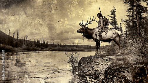 A man gracefully rides on the back of a deer beside a serene river, creating a whimsical and enchanting scene in nature. Retro photography
