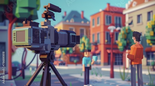 A pixelated 3D rendering of a news camera filming a reporter in a city street. photo