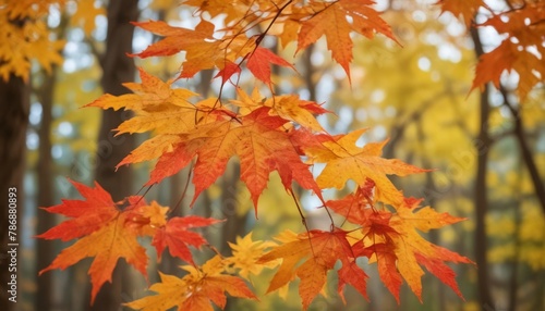 autumn season and end year activity with red and yellow maple leaves with soft focus light and bokeh background