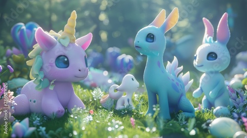 A unicorn, a dragon, and a rabbit are sitting in a field of flowers. The unicorn is pink, the dragon is blue, and the rabbit is white. They are all looking at each other.