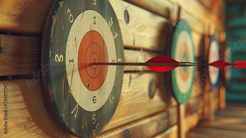Design a realistic 3D render featuring three arrows hitting their targets with accuracy