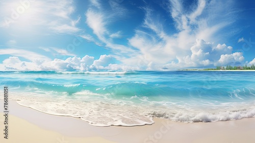 Tropical beach panorama as summer landscape with beach swing or hammock and white sand and calm sea for beach banner.