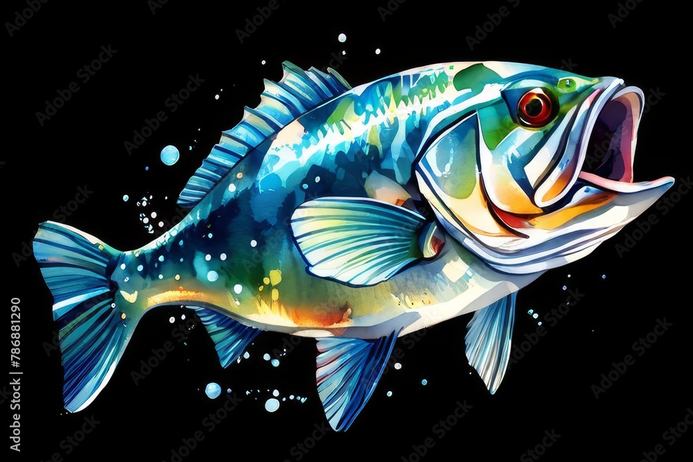 Colorful splash art image of a fish on white background