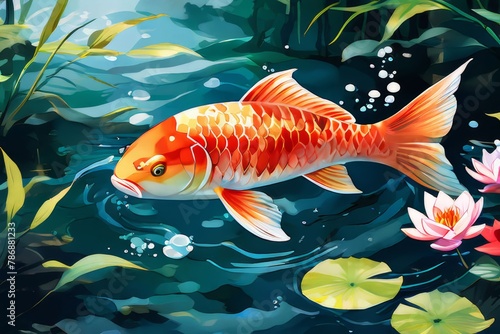 Colorful splash art image of a fish on white background