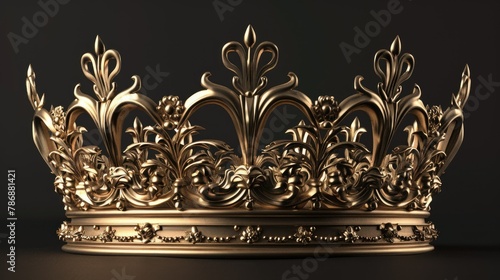 Design a realistic 3D render of an opulent gold crown, illustrating its intricate details and luxurious appearance