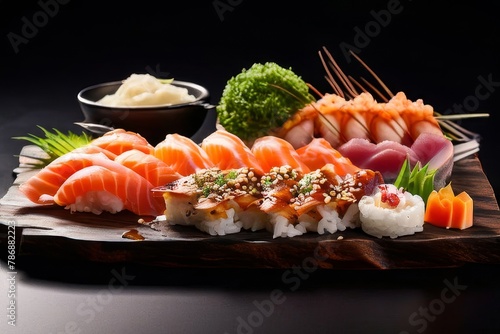 sushi with salmon, caviar, arugula salad and