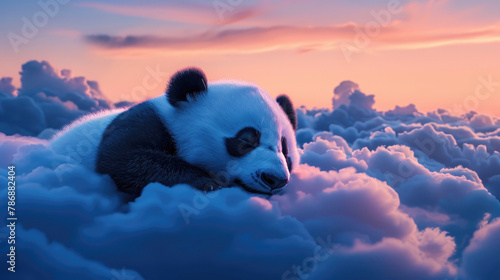 Photo illustration of a panda sleeping soundly on a cloud at dusk photo