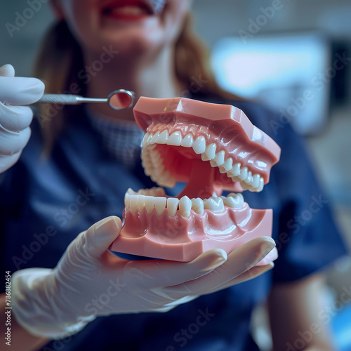 dentist showing to a patient how to properly clean teeth on a model with a tooth brush