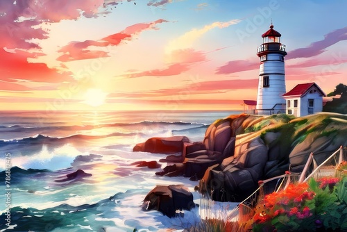 intelligence generated image of a lighthouse at seashore