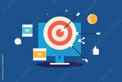 Social media audience target marketing, remarketing on social media, digital target marketing, with likes, share, ad post, vector illustration.