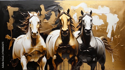 A painting of abstract oil. Art painting, gold, horse, canvas, wall art, modern artwork, paint spots, paint strokes, knife painting, large stroke painting, mural, black, white.Ai generative © Grigoriy
