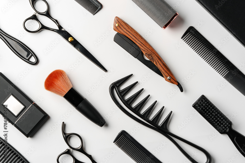 Fototapeta premium Pattern of various shaving and bauty care accessories for men on gray background