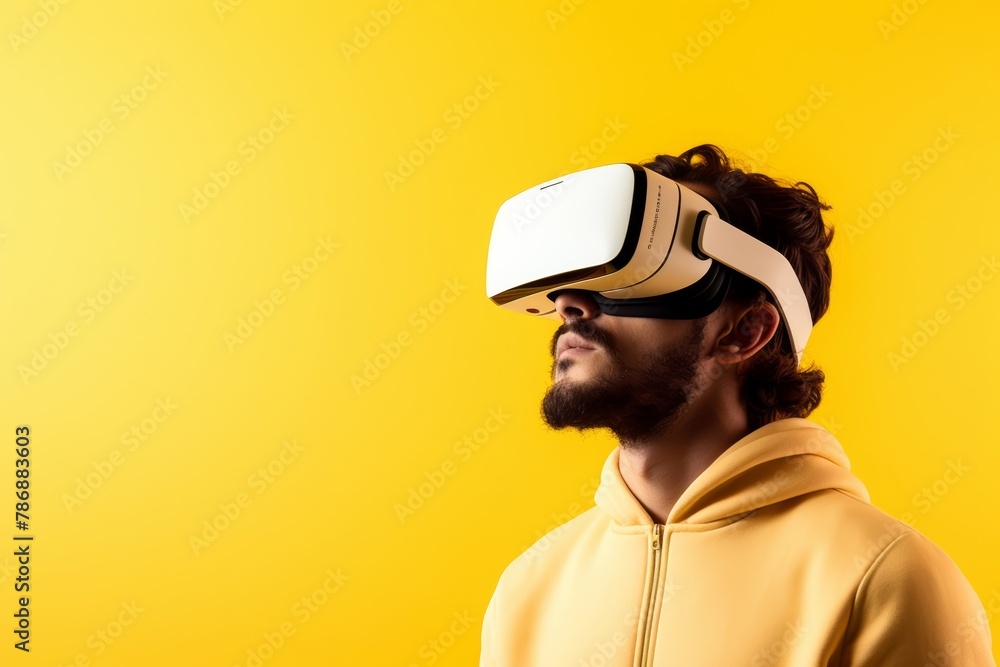 A black man in a yellow theme shirt is presenting the new modern designed virtual reality glasses as a commercial advertising on his head with a friendly smile. Generative AI.