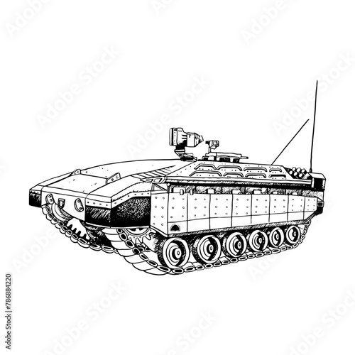 Vector Namer Israeli armored personnel carrier and troops military vehicle of Israeli Defense Forces black and white ink graphic illustration