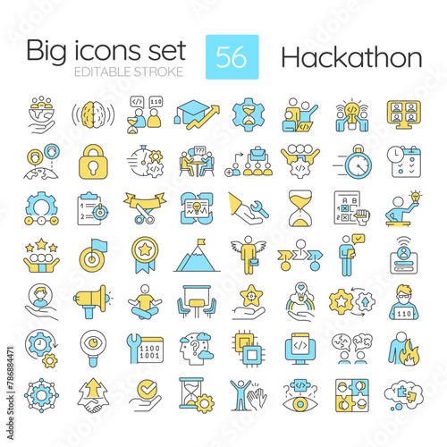Hackathon RGB color icons set. Event for developers and programmrs. Tech solutions. Team competition. Isolated vector illustrations. Simple filled line drawings collection. Editable stroke