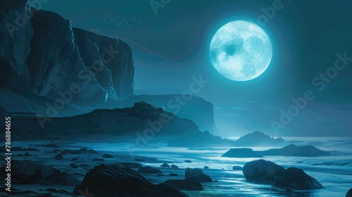 Moonlit Coastal Cliffs and Rock Pools at Night