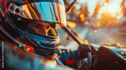 Rally racer in helmet is driving car concept. © Nataliya