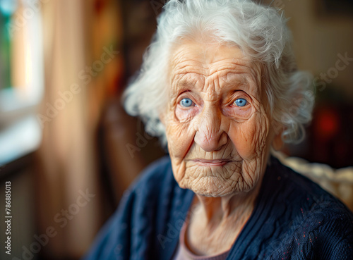 Thoughtful Elderly Woman Gazing Out Window with White Hair Glowing