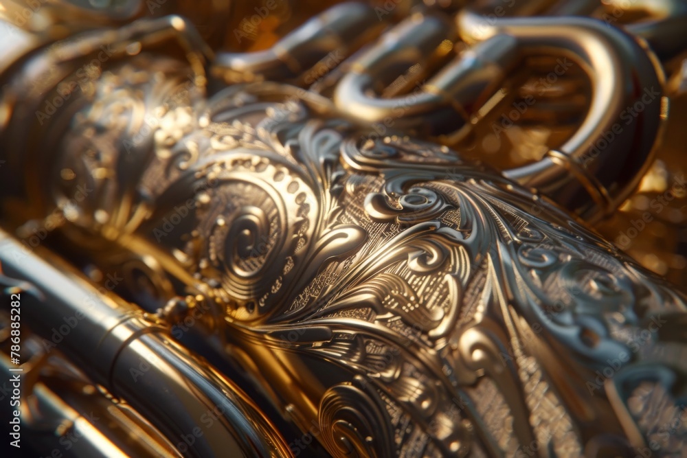 Close-up of a shiny tuba with intricate brass details