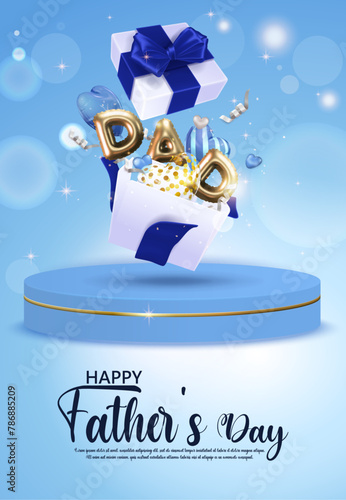 Blue Father's Day greeting card, open gift box with flying heart-shaped balloons, DAD letter balloons and ribbons