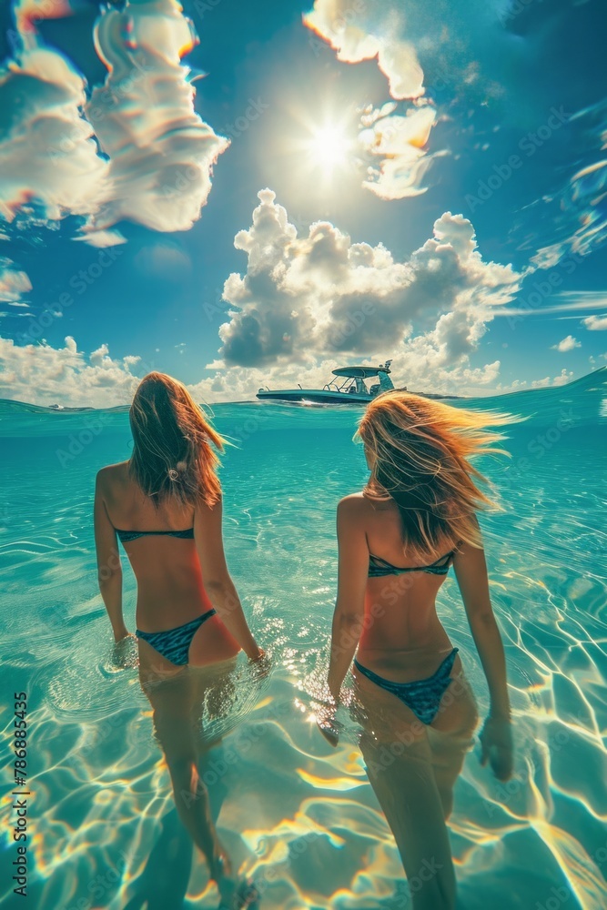 Portrait of two young girls in bikinis in the sea up to their waists. Sunny summer day.
