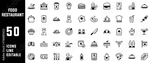 50 Food and Restaurant Icons Set Line Editable Vector Illustration