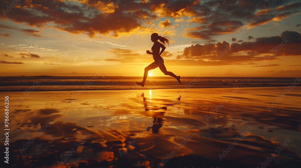 Silhouette of a young woman running on the beach at sunset,Silhouette of young woman running on the beach at sunset. High detailed and high resolution and high quality photo professional photography