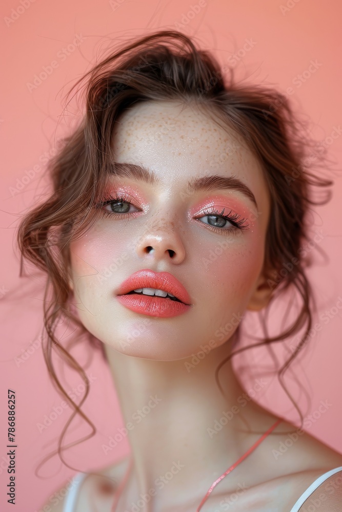 Vibrant portrait of a model with freckle detail and vibrant pink eye makeup Vibrant portrait of a model with freckle detail and vibrant pink eye makeup