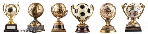 Football tournament winning trophies collection isolated on transparent background. 