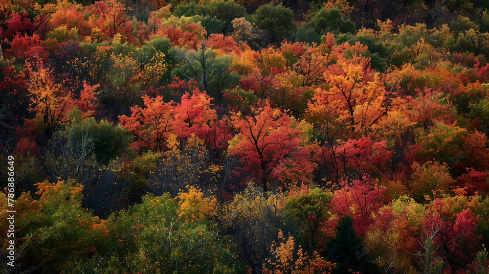 Autumn's vibrant colors, including fiery reds, oranges, and yellows, create a striking landscape.