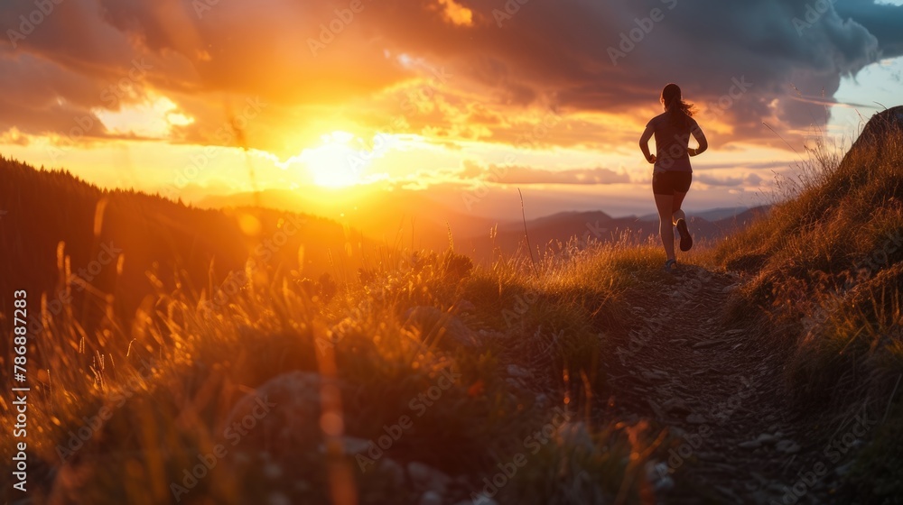 A solitary runner takes on a mountain trail at sunset, embodying the spirit of endurance and the pursuit of personal fitness goals. AIG41 - obrazy, fototapety, plakaty 