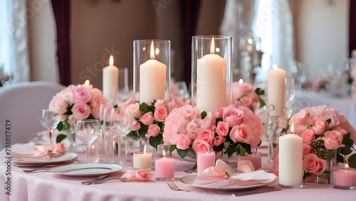decorations for a wedding. Wedding table set with candles and ornamental fresh pink flowers. Details of the celebration. Candles, dishes, and flowers make up the floral composition.