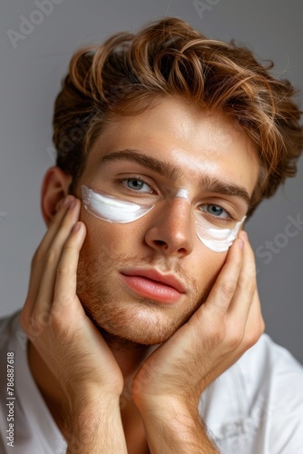 A man with eye patches covering his eyes, possibly advertising skincare products or services