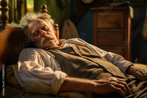  An elderly man of German origin asleep in a cozy bed and breakfast in the countryside, embodying Sleep Tourism.