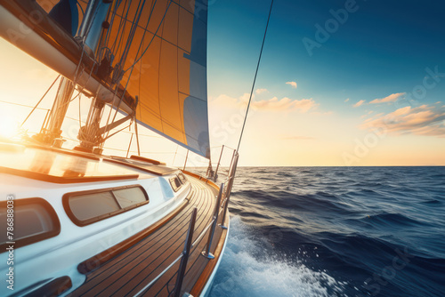 Sailing yacht in the sea, closeup of sail and wooden deck on a blue ocean.