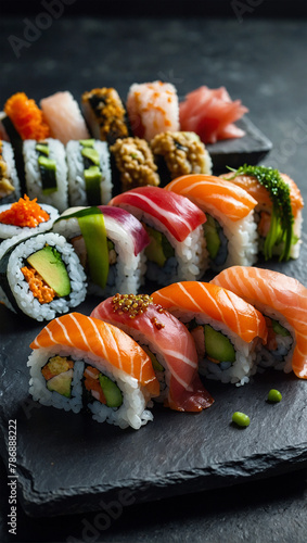 Image of fresh sushi served on a dining table, typical Japanese 60