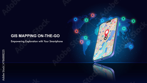 GPS Navigation, Mobile GPS Maps and GIS Mapping. UI Concept with Realistic Smartphone Mockup, Search world Map Navigator, and Pinpoint Location. Vector.