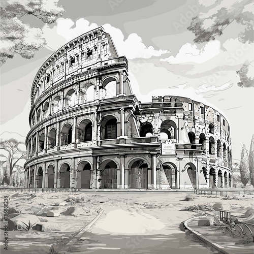 Colosseum hand-drawn comic illustration. Colosseum. Vector doodle style cartoon illustration
